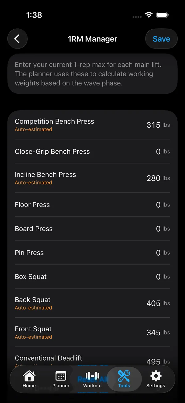 1RM Manager screen listing stored one-rep maxes per lift