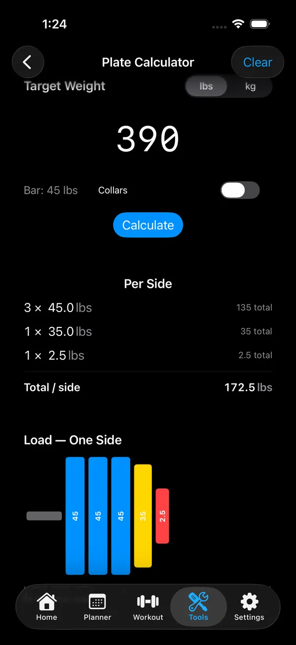 PR Foundry plate calculator showing the plates to load on one side of the bar
