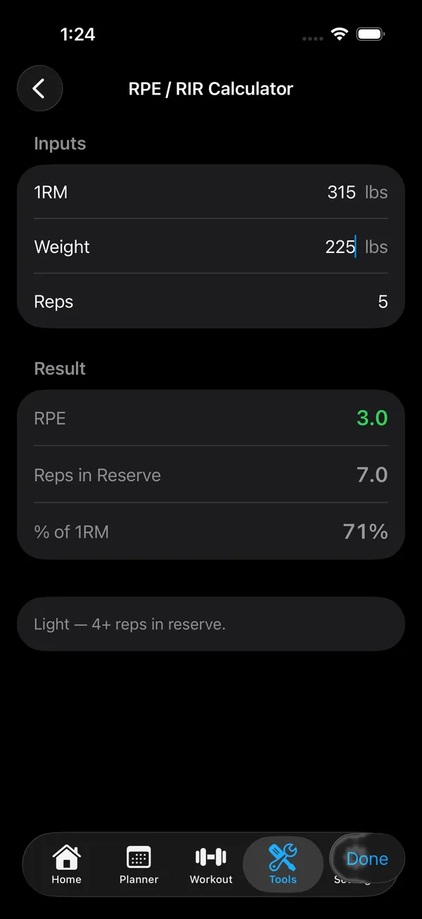 RPE / RIR calculator showing implied RPE, reps in reserve, and percent of 1RM