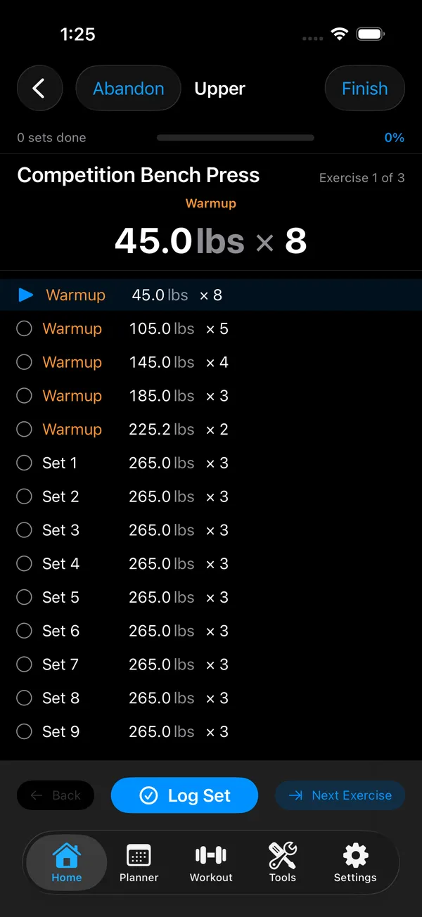 PR Foundry live workout tracker showing warm-up ramp and working sets for Competition Bench Press